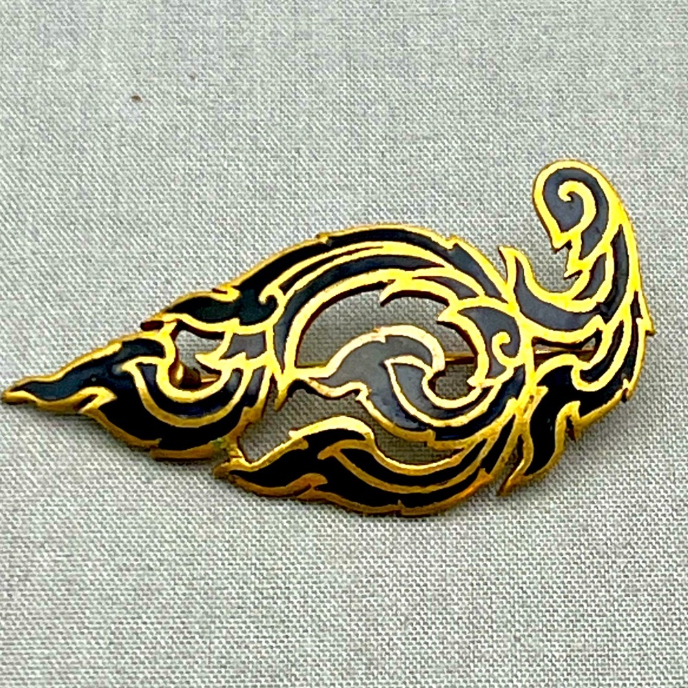 Art Nouveau Champlevé Black Enameled Brass C Clasp Brooch